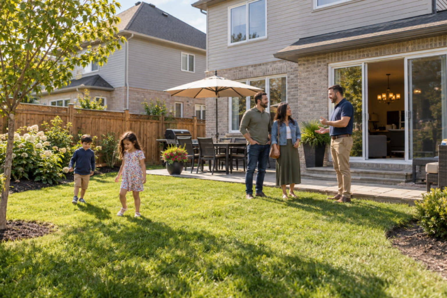 Family viewing detached rental home